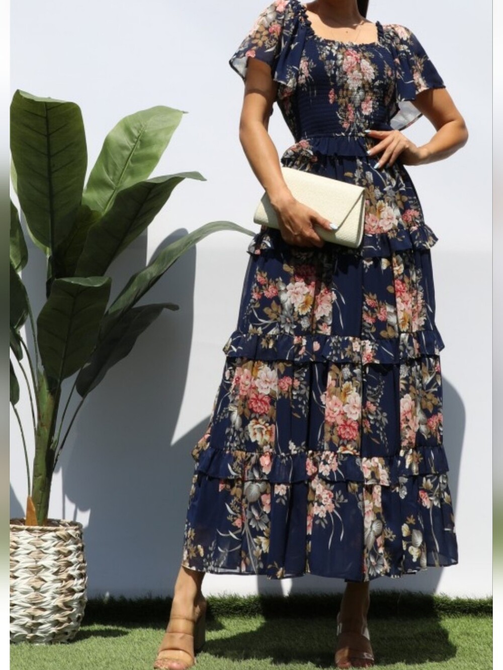 Navy Floral Tiered Maxi Dress with Smocked Bodice NWT